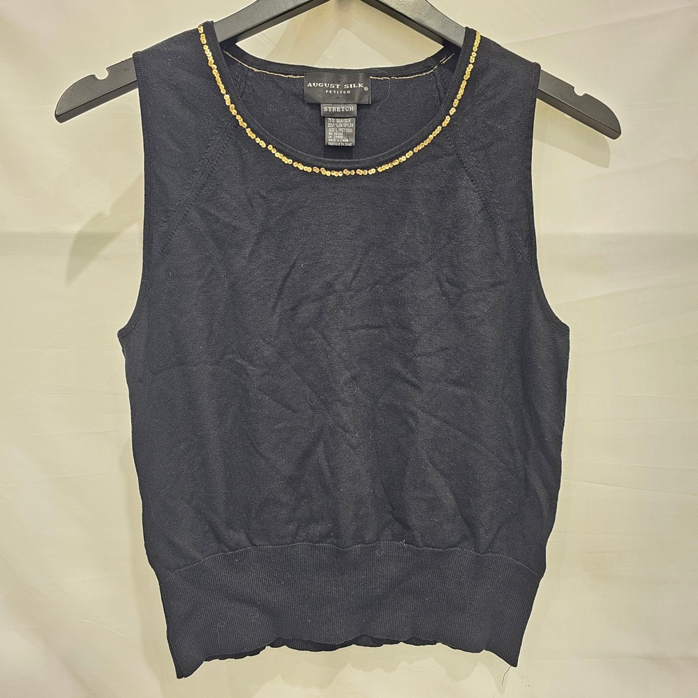 August Silk Petites Size Large PL Black Silk Blend Sleeveless Sequin Neck Top